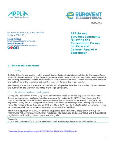 PP - 2019-10-08 - Joint Eurovent APPLiA comments on Airco and Comfort Fans following the CF of 9 September