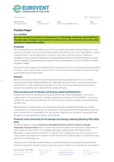 PP - 2020-05-15 - Eurovent Position Paper CT request for inclusion in Ecodesign WP 2020-2024