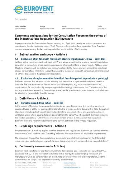 PP - 2022-03-30 - Draft Eurovent comments to CF on Fan regulation