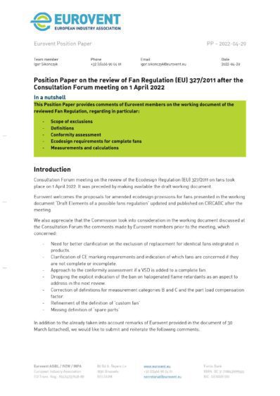 PP - 2022-04-29 - Eurovent comments CF Fan Reg