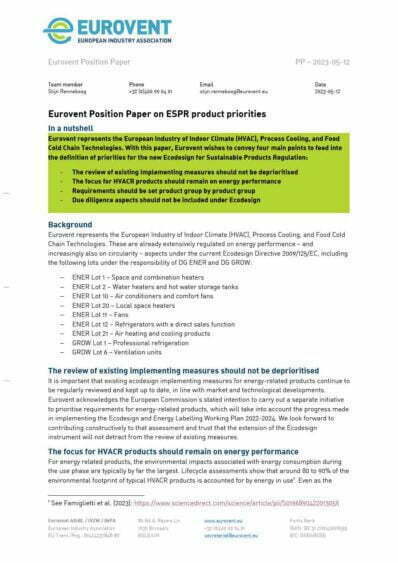 PP - 2023-05-12 - Eurovent Position Paper on ESPR product priorities
